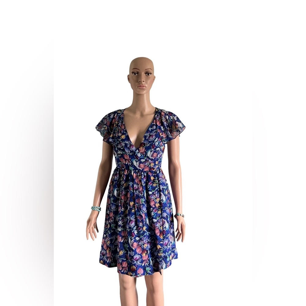 Moulinette‎ Soeurs Blue and Purple Ruffled Wrap Midi Dress floral print ballet